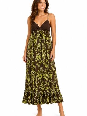 Intrigue Babydoll Maxi Dress Brown Green Print Spaghetti Strap Ruffle Hem Large